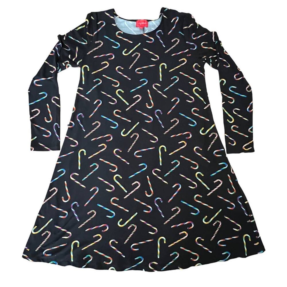 Joyland‎ Colorful Candy Cane Xmas Print Dress Black Long Sleeve Dress Womens M